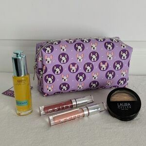 Boston Terrier Frenchie Cosmetic Bag Case Saffiano Vinyl Purple Lined NWT